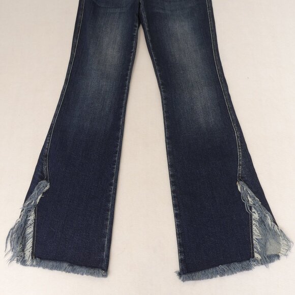 KanCan 7/27 Kimmie High Rise Split Frayed Hem Flare Blue Jeans - Picture 5 of 11